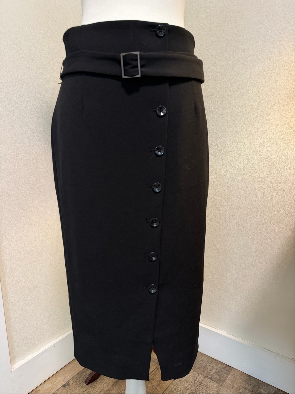 White House Black Market Black High-Waist Pencil Skirt Belt Side Buttons